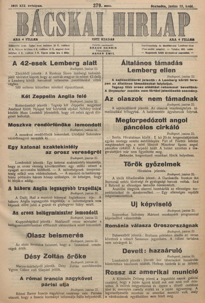 Bácskai Hirlap, 19. évf. 1915. június 22. 279. sz.