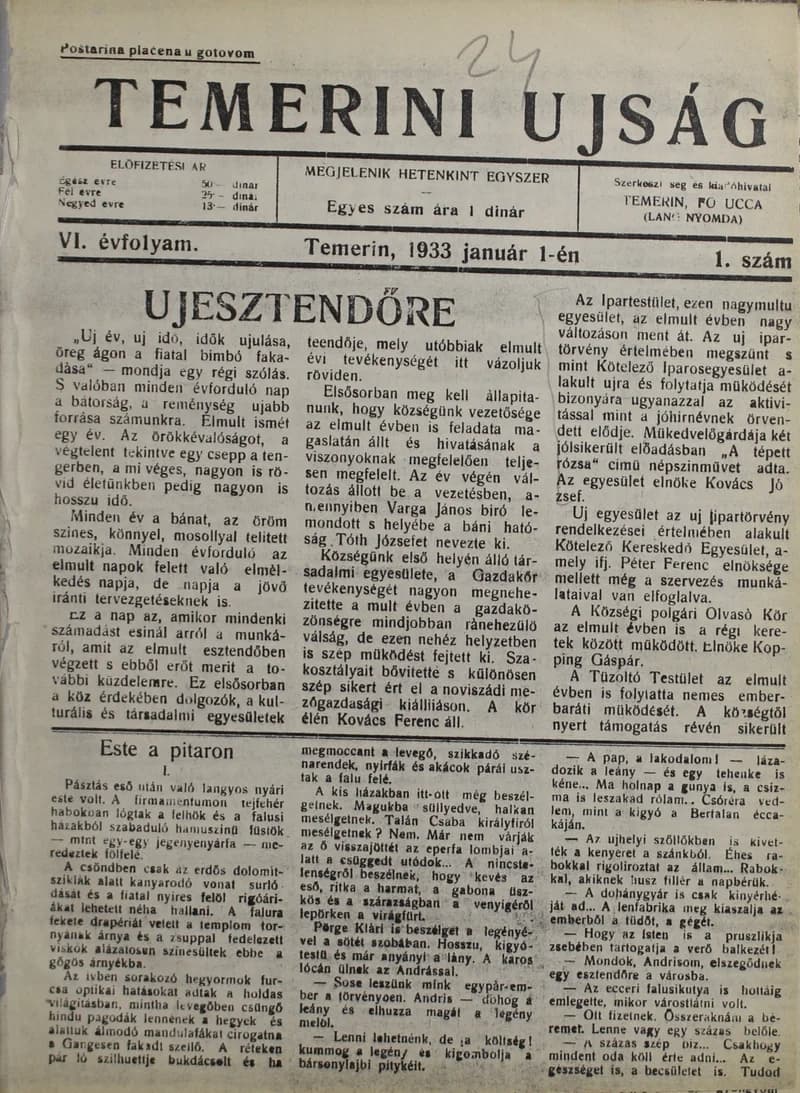 Temerini Újság 1928-1944, 6. évf. 1933. január 1. 1. sz.