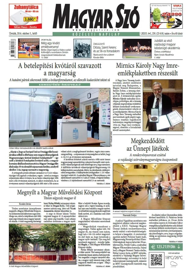 Magyar Szó, 73. évf. 2016. október 3. 230. sz. 1–20. oldal