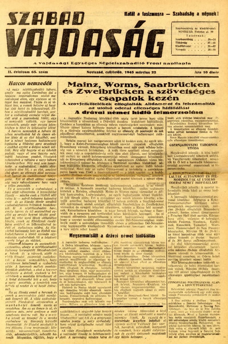 Szabad Vajdaság, 2. évf. 1945. március 22. 65. sz.