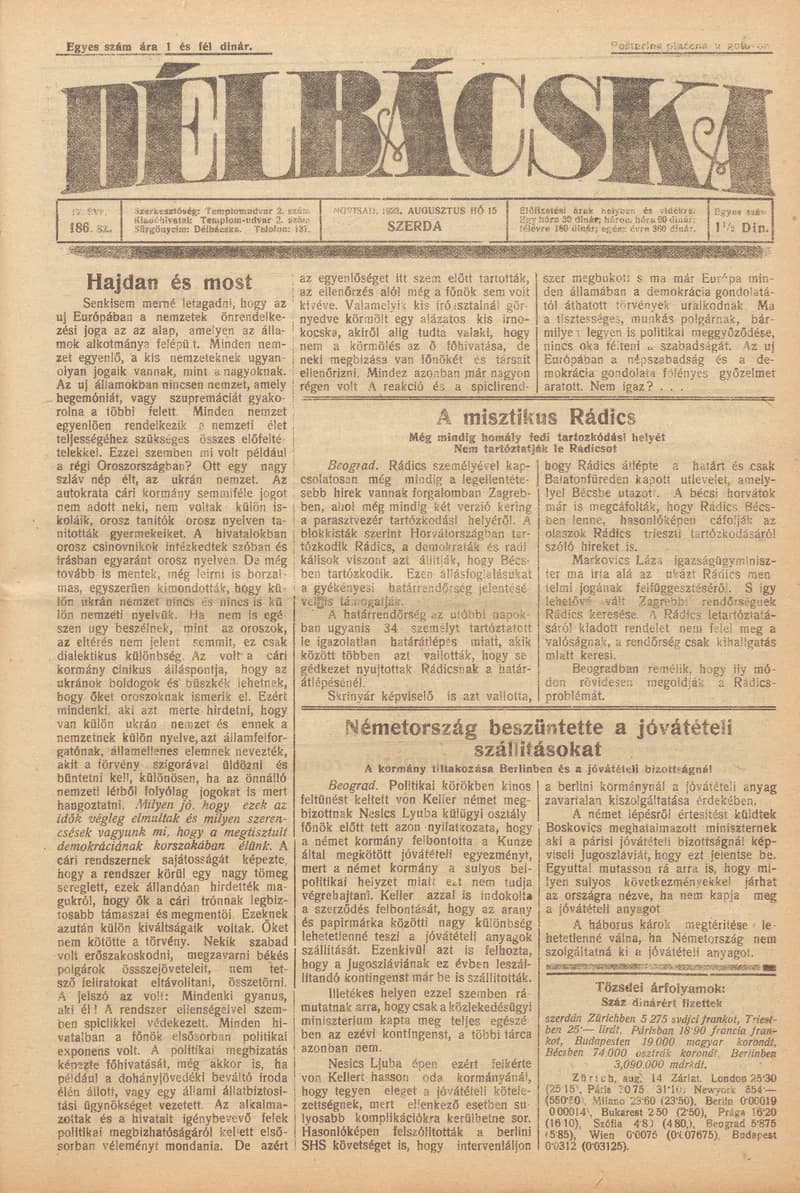 Délbácska, 4. évf. 1923. augusztus 15. 186. sz.