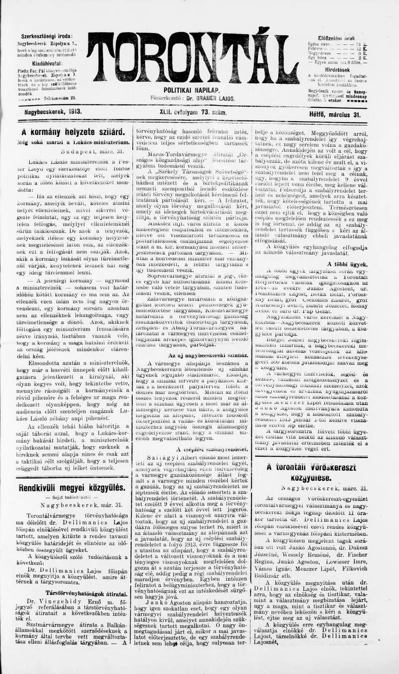 Torontál, 42. évf. 1913. március 31. 73. sz.