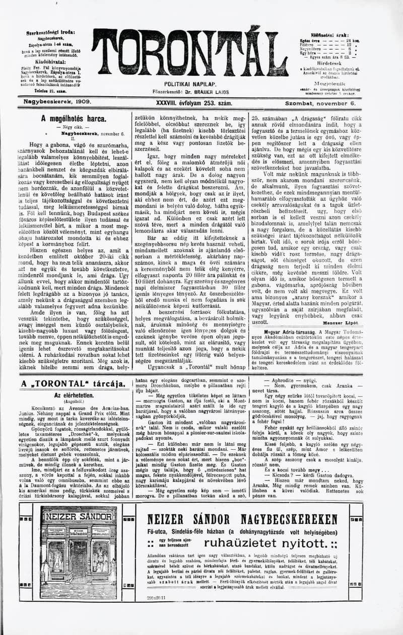 Torontál, 38. évf. 1909. november 6. 253. sz.