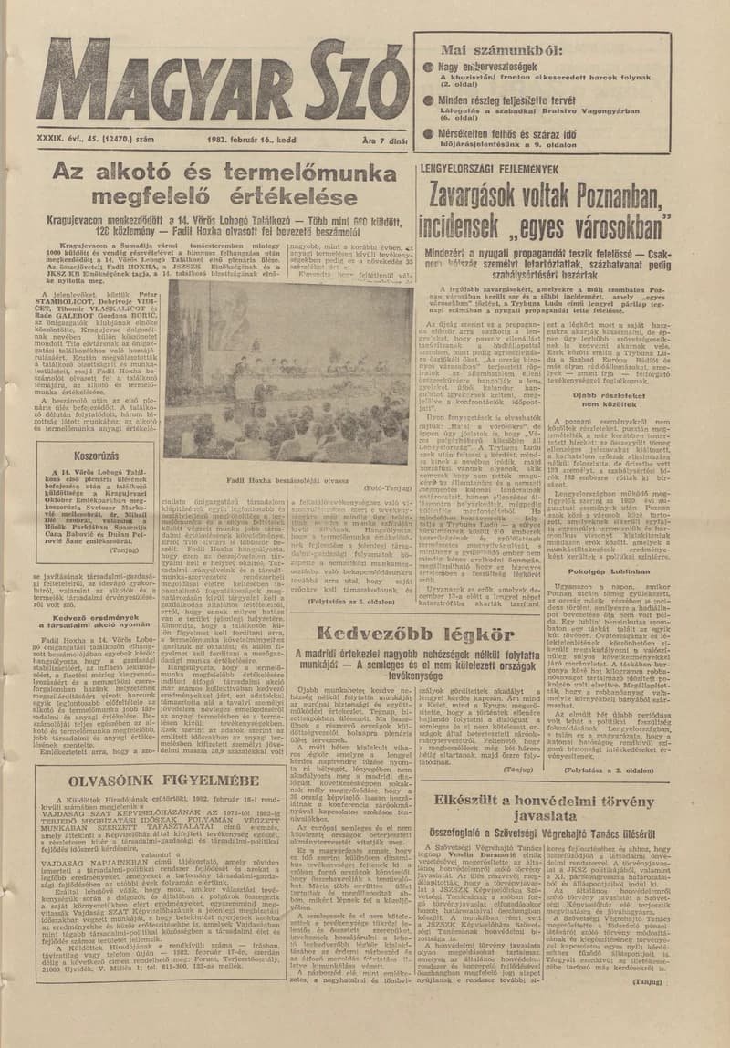 Magyar Szó, 39. évf. 1982. február 16. 45. sz. 1–20. oldal