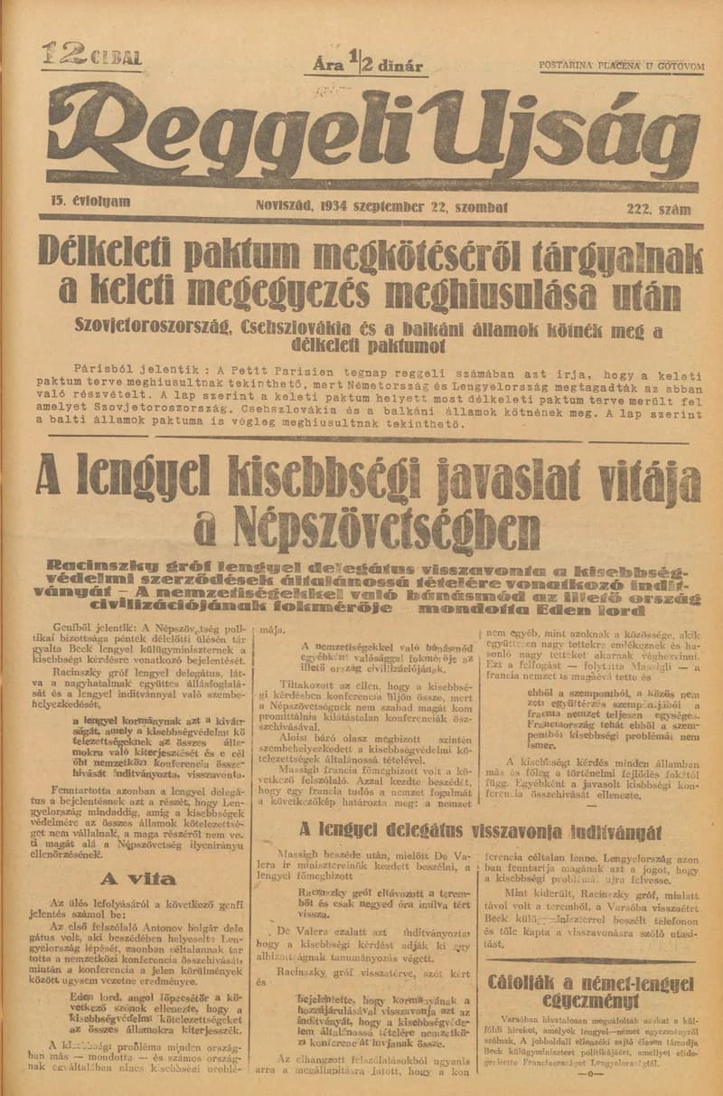 Reggeli Újság, 15. évf. 1934. szeptember 22. 222. sz.