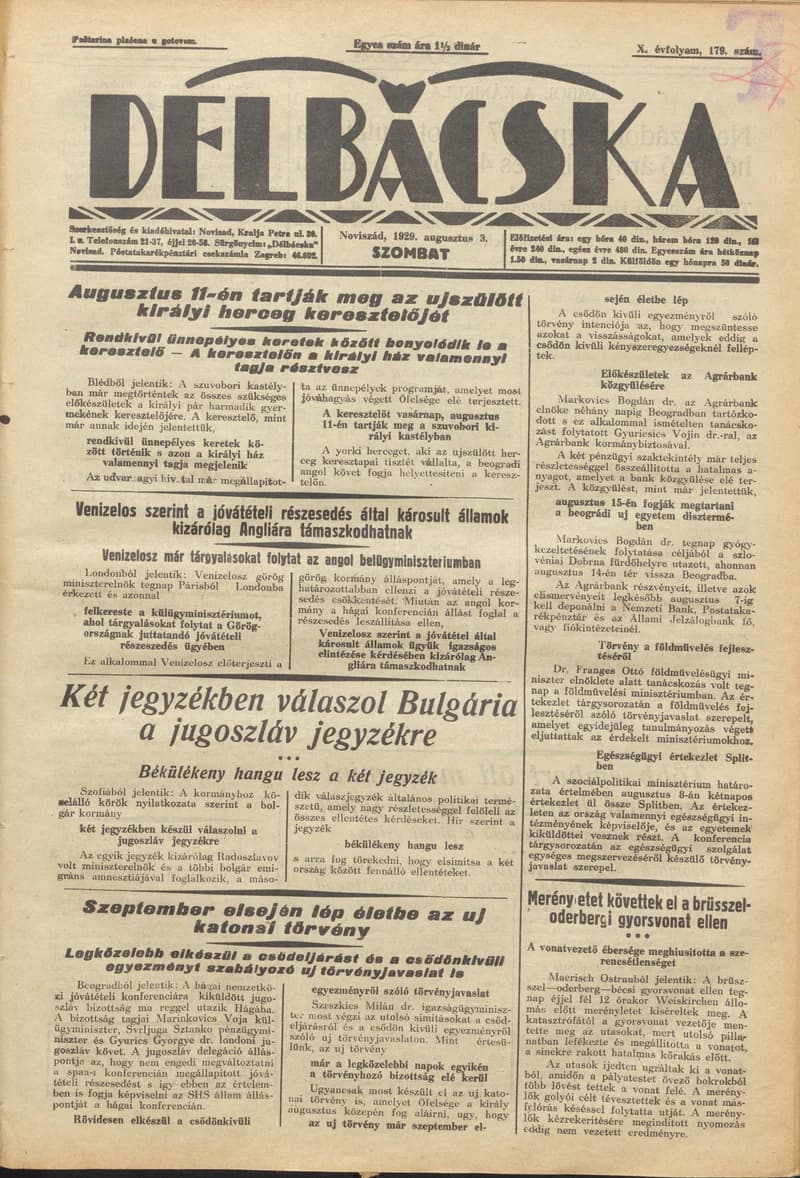 Délbácska, 10. évf. 1929. augusztus 3. 179. sz.