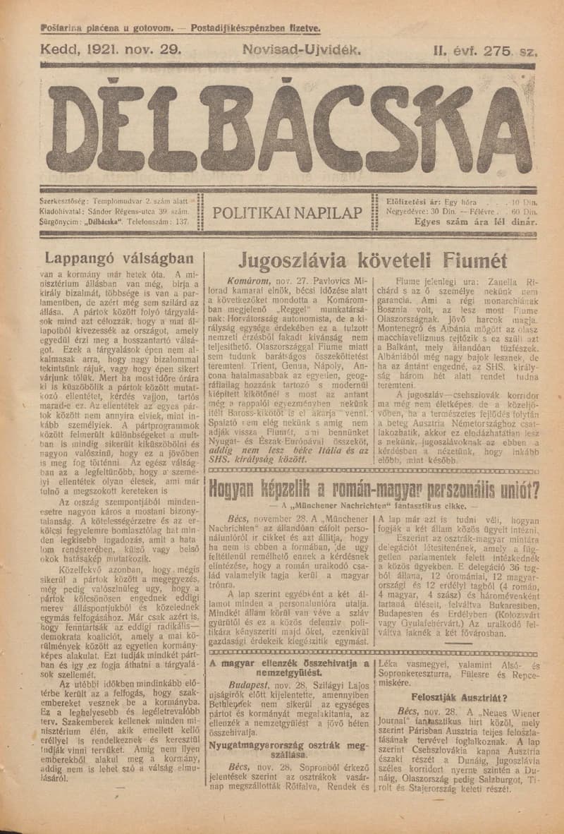Délbácska, 2. évf. 1921. november 29. 275. sz.