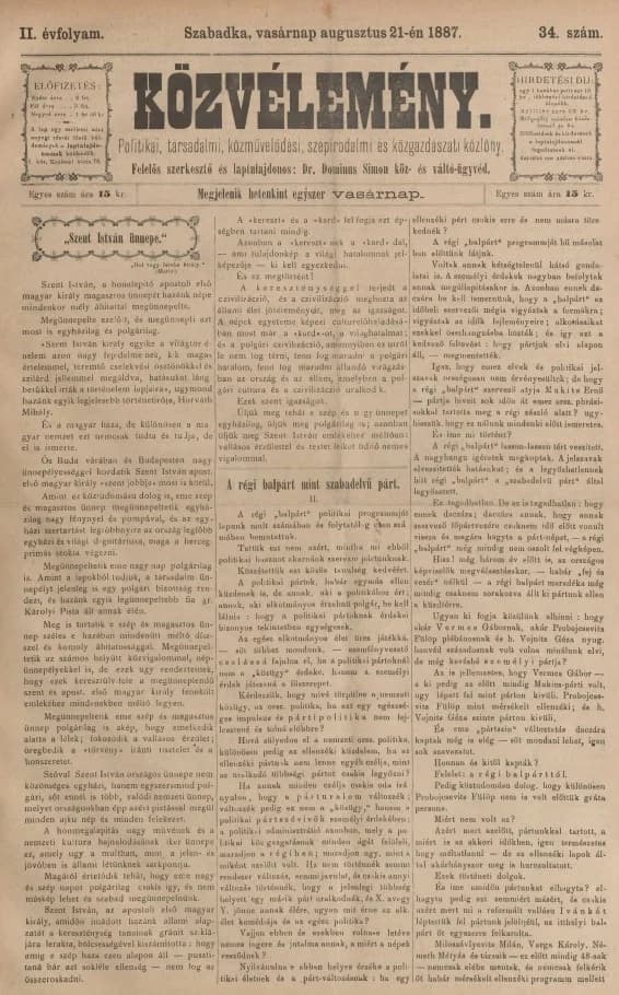 Közvélemény, 2. évf. 1887. augusztus 21. 34. sz.