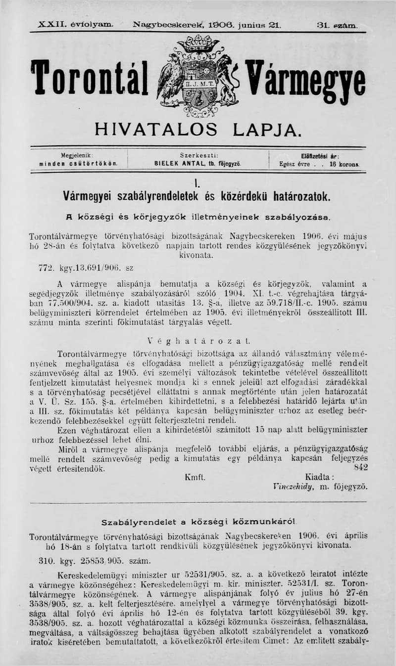 Torontál Vármegye Hivatalos Lapja, 22. évf. 1906. június 21. 31. sz.