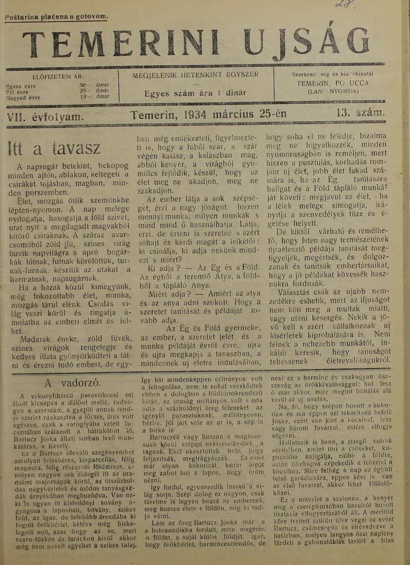 Temerini Újság 1928-1944, 7. évf. 1934. március 25. 13. sz.