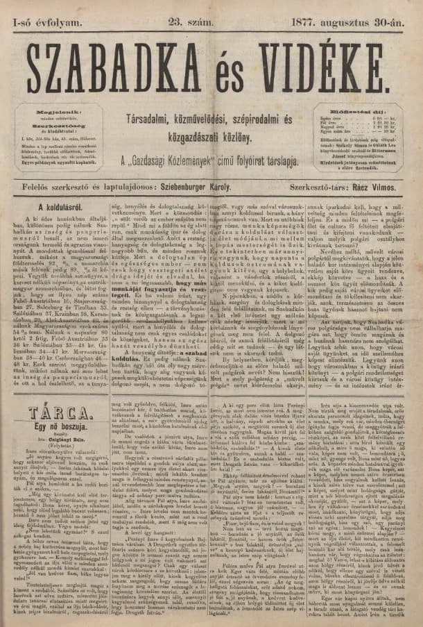Szabadka és vidéke, 1. évf. 1877. augusztus 30. 23. sz.
