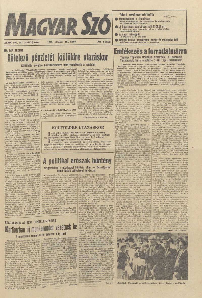 Magyar Szó, 39. évf. 1982. október 18. 287. sz. 1–8. oldal