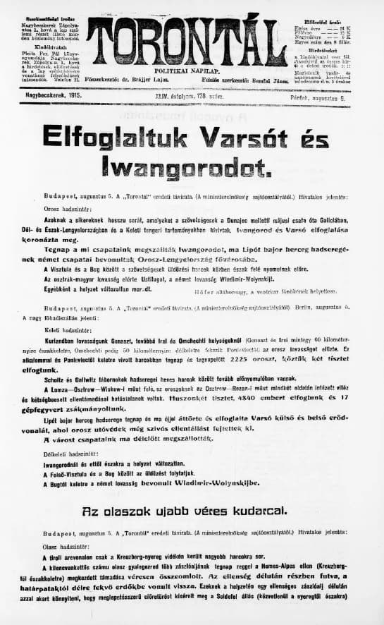 Torontál, 44. évf. 1915. augusztus 6. 178. sz.