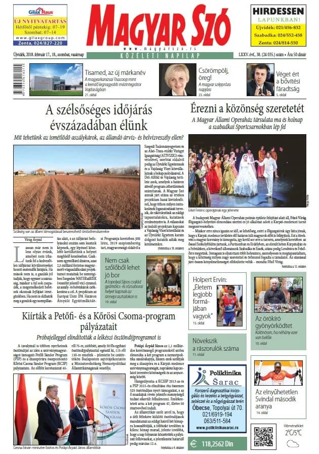 Magyar Szó, 75. évf. 2018. február 17. – 18. 38. sz. 1–44. oldal