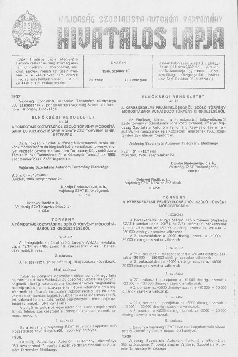 Vajdaság Szocialista Autonóm Tartomány Hivatalos Lapja, 42. évf. 1986. október 10. 23. sz.