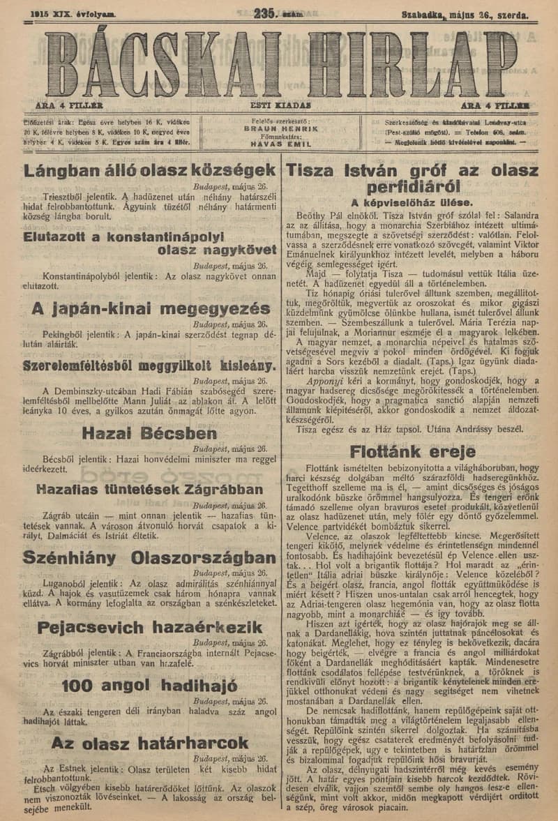 Bácskai Hirlap, 19. évf. 1915. május 26. 235. sz.