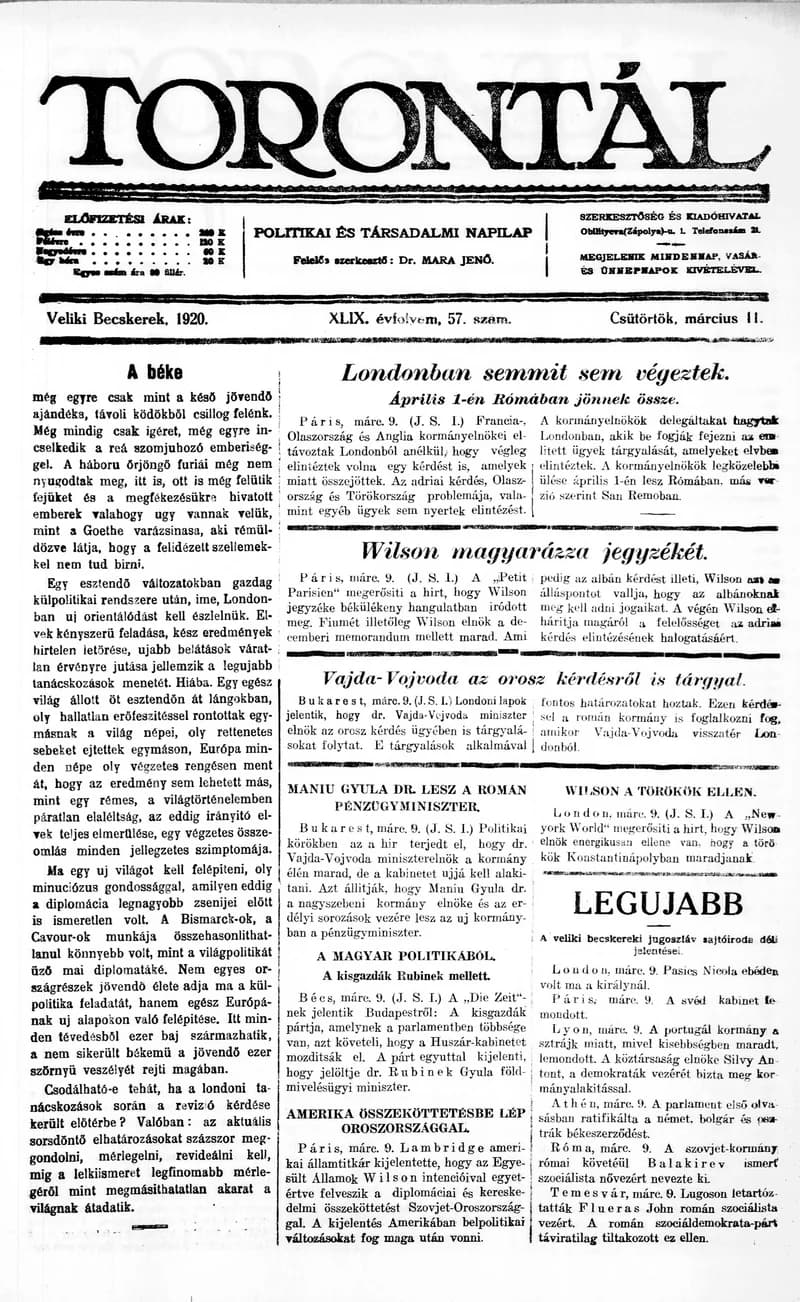 Torontál, 49. évf. 1920. március 11. 57. sz.