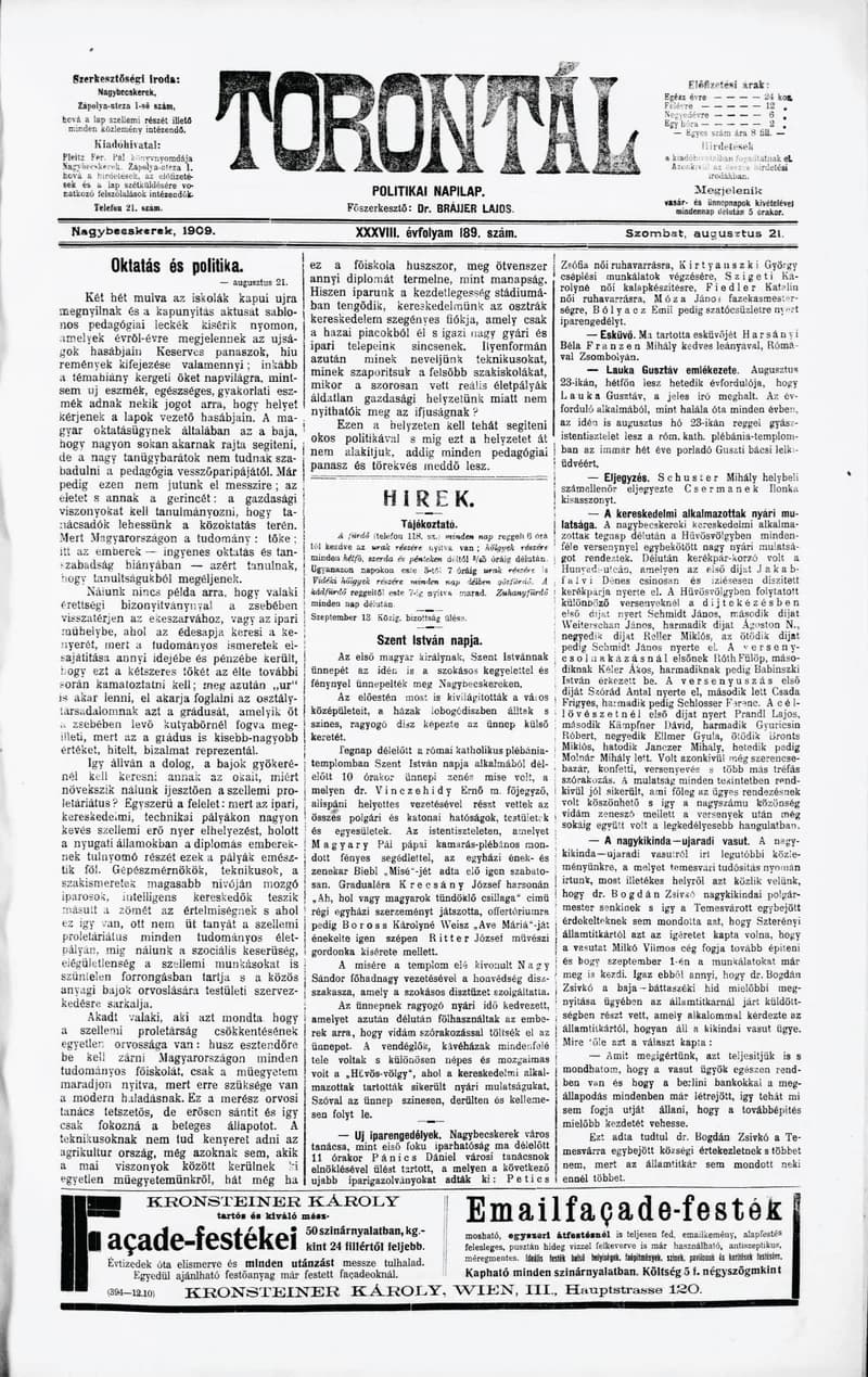 Torontál, 38. évf. 1909. augusztus 21. 189. sz.