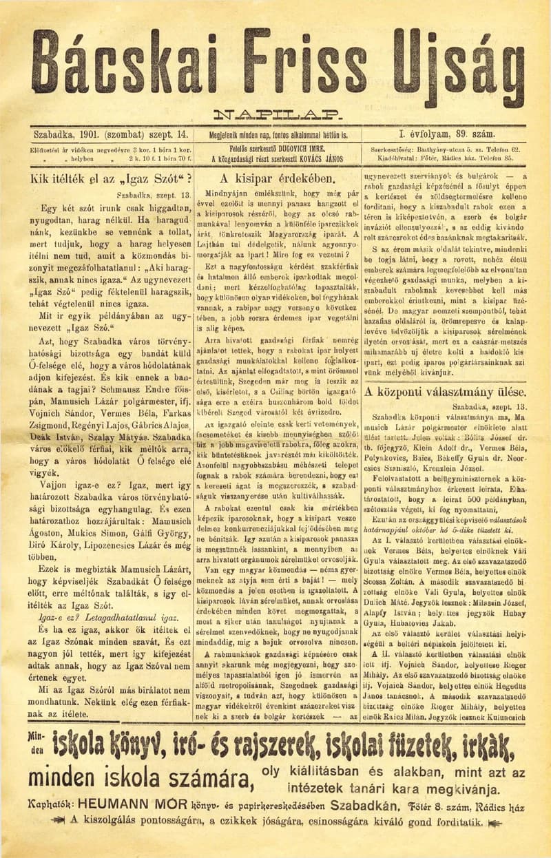Bácskai Friss Ujság, 1. évf. 1901. szeptember 14. 89. sz.