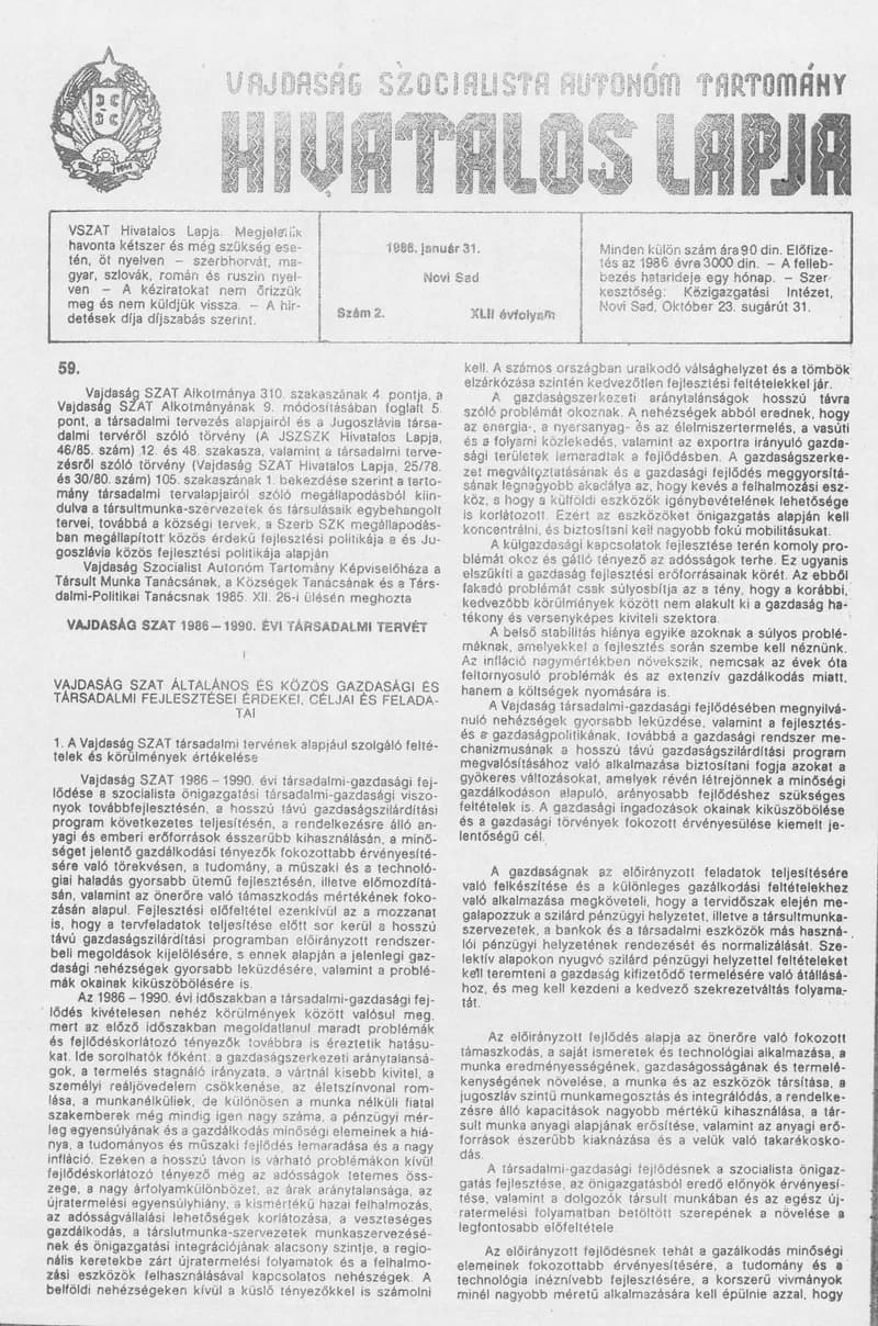 Vajdaság Szocialista Autonóm Tartomány Hivatalos Lapja, 42. évf. 1986. január 31. 2. sz.