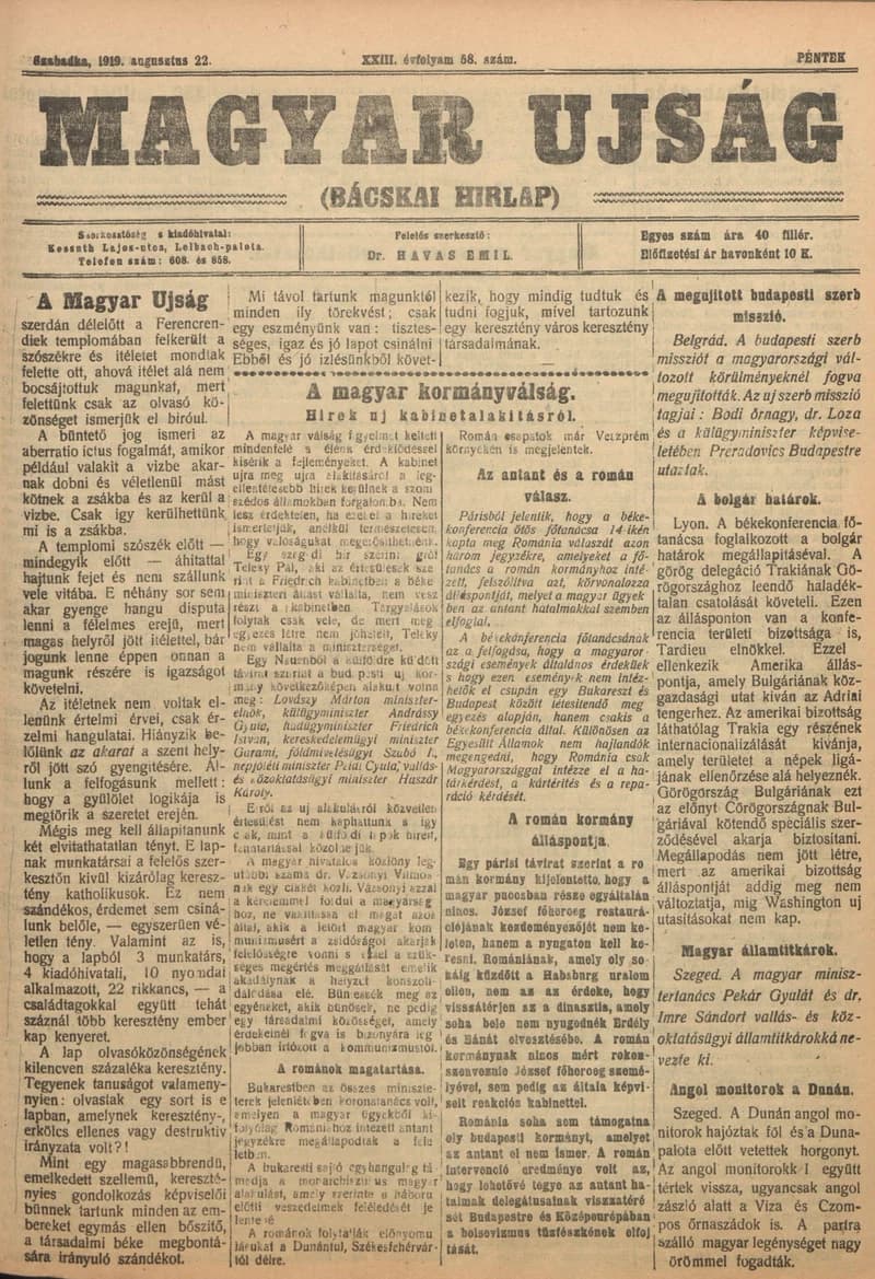 Bácskai Hirlap, 23. évf. 1919. augusztus 22. 58. sz.