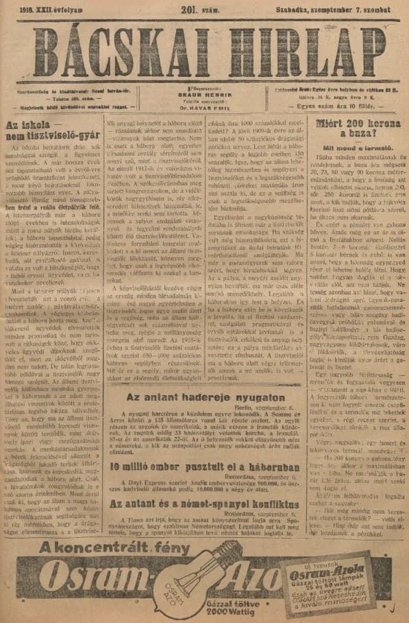 Bácskai Hirlap, 22. évf. 1918. szeptember 7. 201. sz.