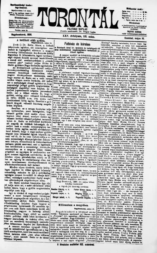 Torontál, 25. évf. 1896. május 16. 113. sz.