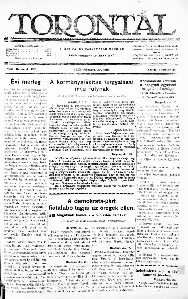 Torontál, 49. évf. 1920. december 29. 288. sz.