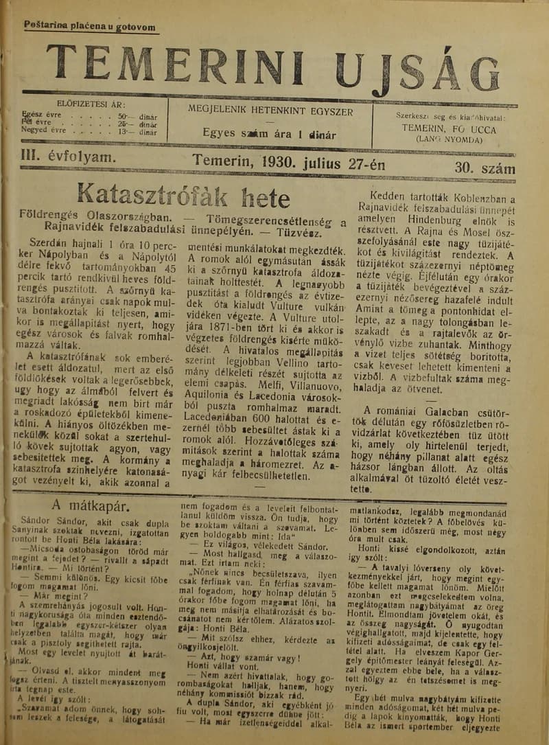 Temerini Újság 1928-1944, 3. évf. 1930. július 27. 30. sz.