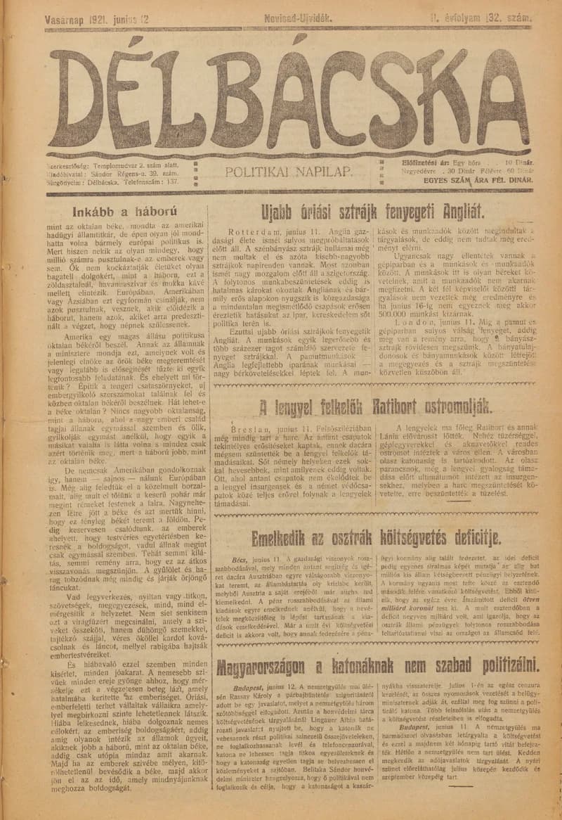 Délbácska, 2. évf. 1921. június 12. 132. sz.