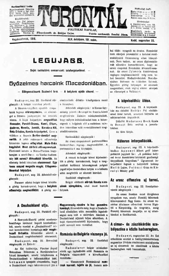 Torontál, 45. évf. 1916. augusztus 22. 191. sz.