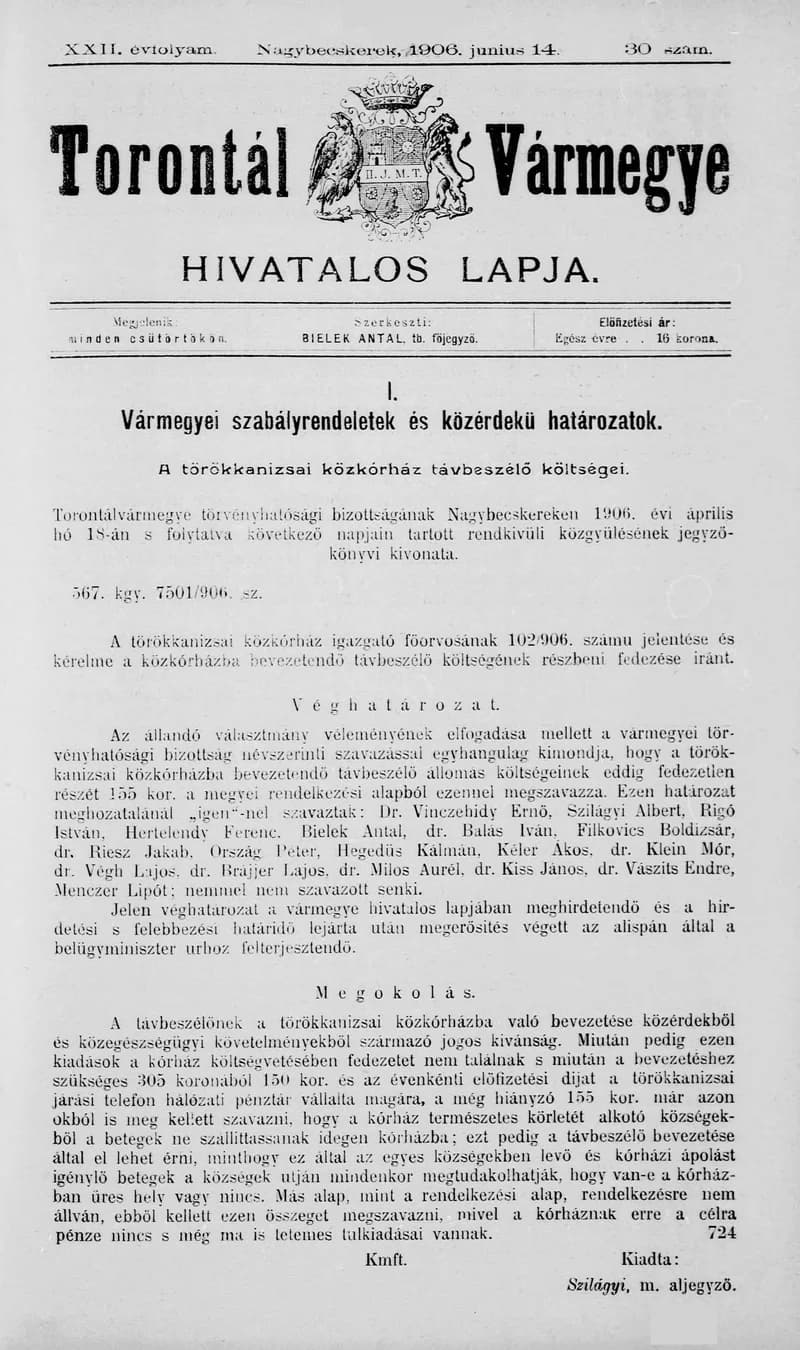 Torontál Vármegye Hivatalos Lapja, 22. évf. 1906. június 14. 30. sz.