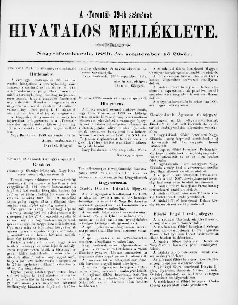A Totontál  hivatalos melléklete, 2. évf. 1889. szeptember 29. 39. sz.