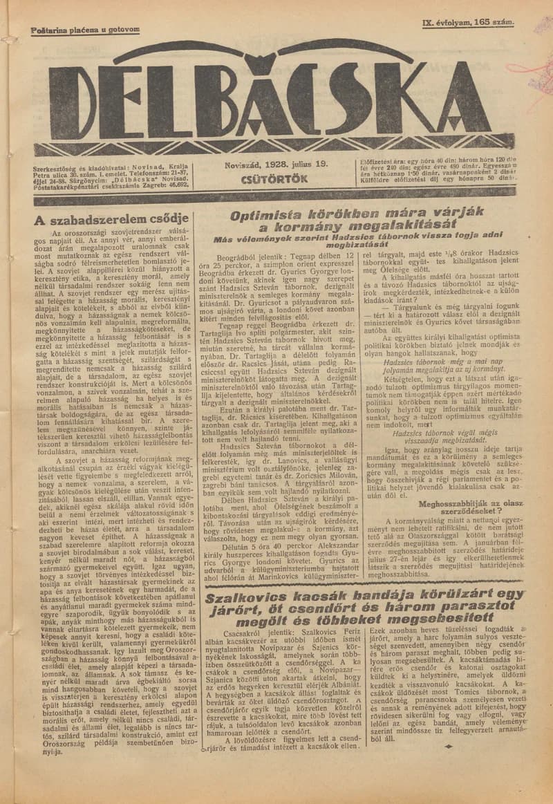 Délbácska, 9. évf. 1928. július 19. 165. sz.
