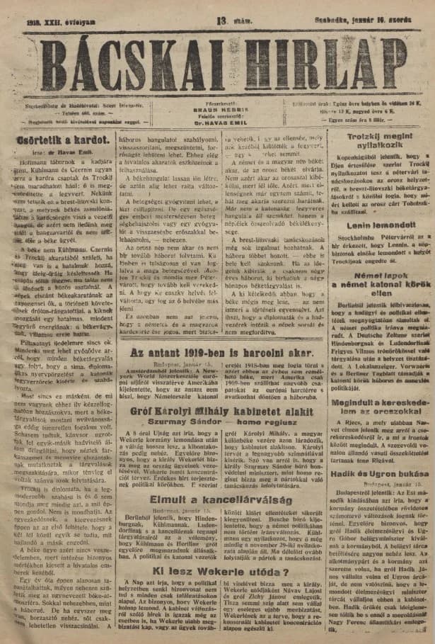 Bácskai Hirlap, 22. évf. 1918. január 16. 13. sz.