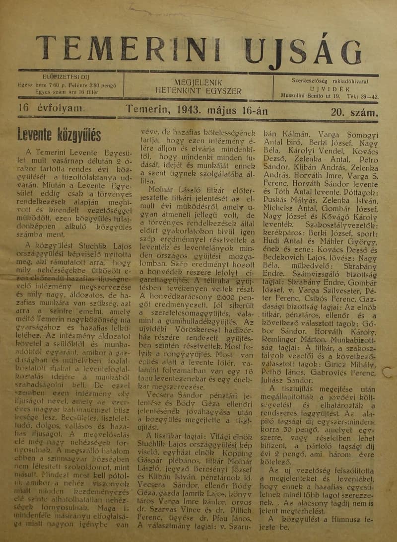 Temerini Újság 1928-1944, 16. évf. 1943. május 16. 20. sz.