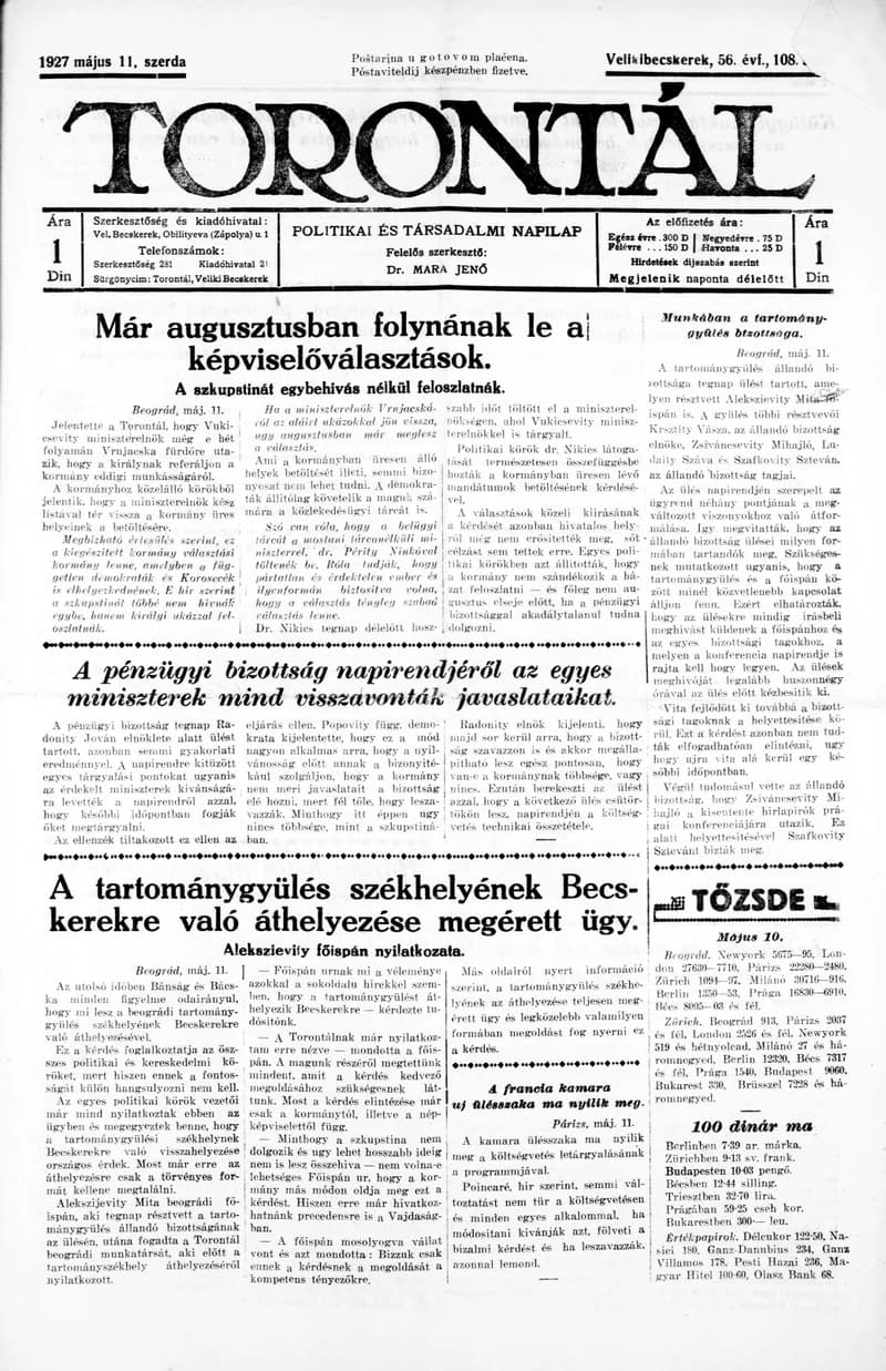 Torontál, 56. évf. 1927. május 11. 108. sz.