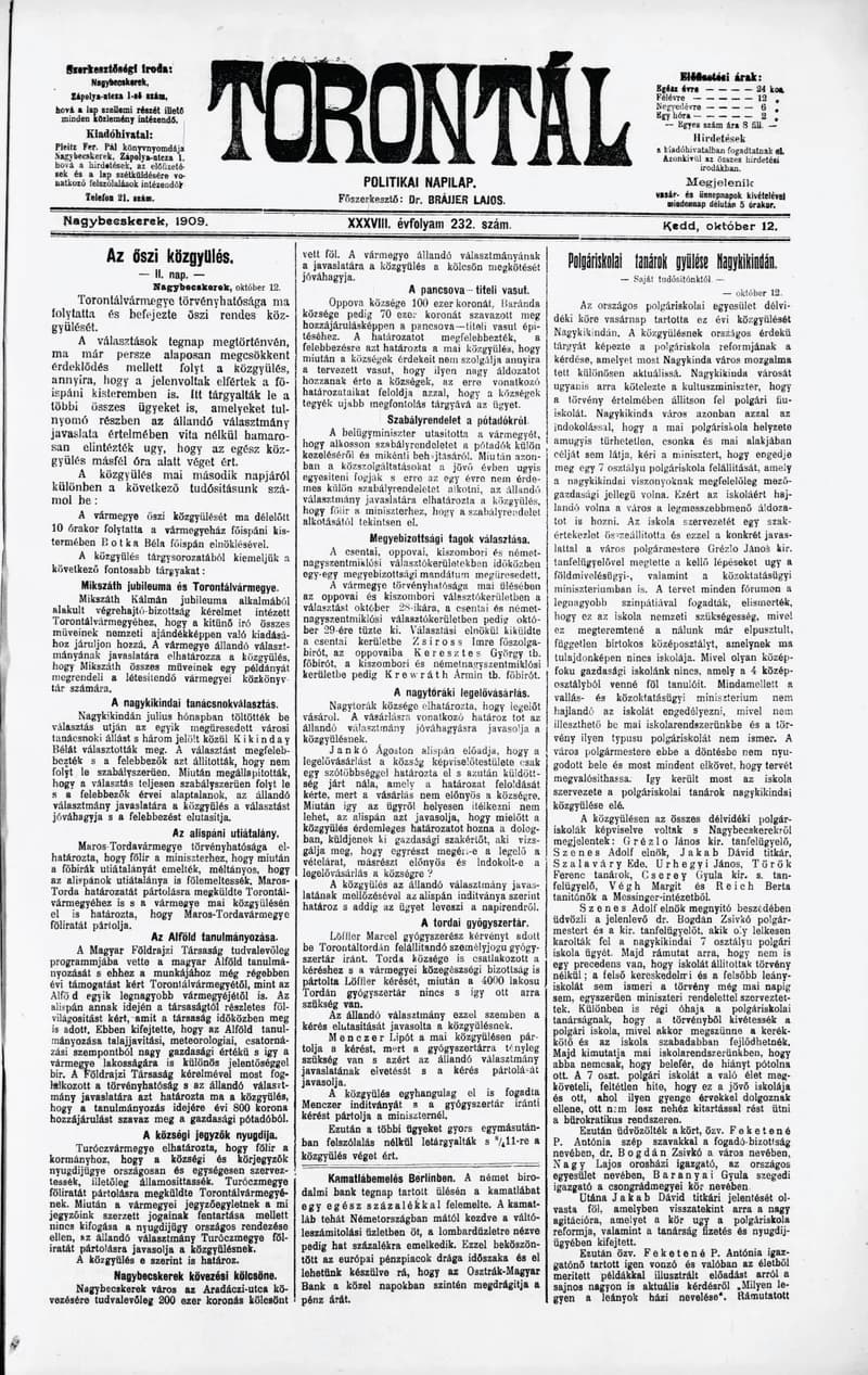 Torontál, 38. évf. 1909. október 12. 232. sz.