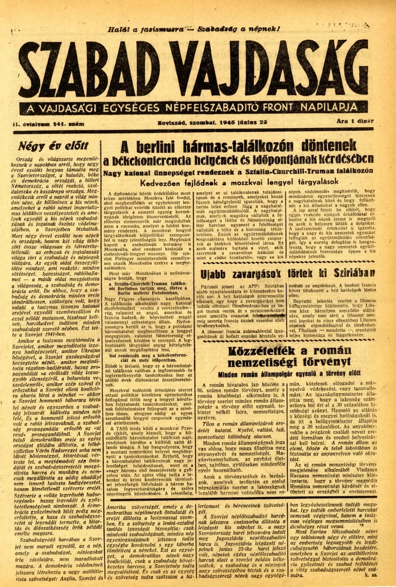 Szabad Vajdaság, 2. évf. 1945. június 23. 141. sz.