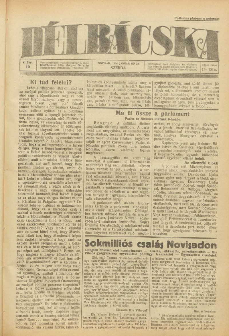 Délbácska, 5. évf. 1924. január 23. 19. sz.