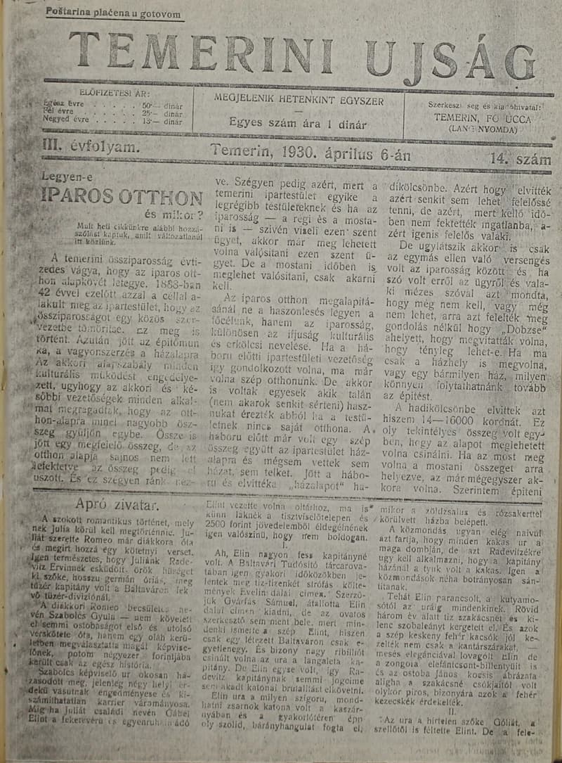 Temerini Újság 1928-1944, 3. évf. 1930. április 6. 14. sz.