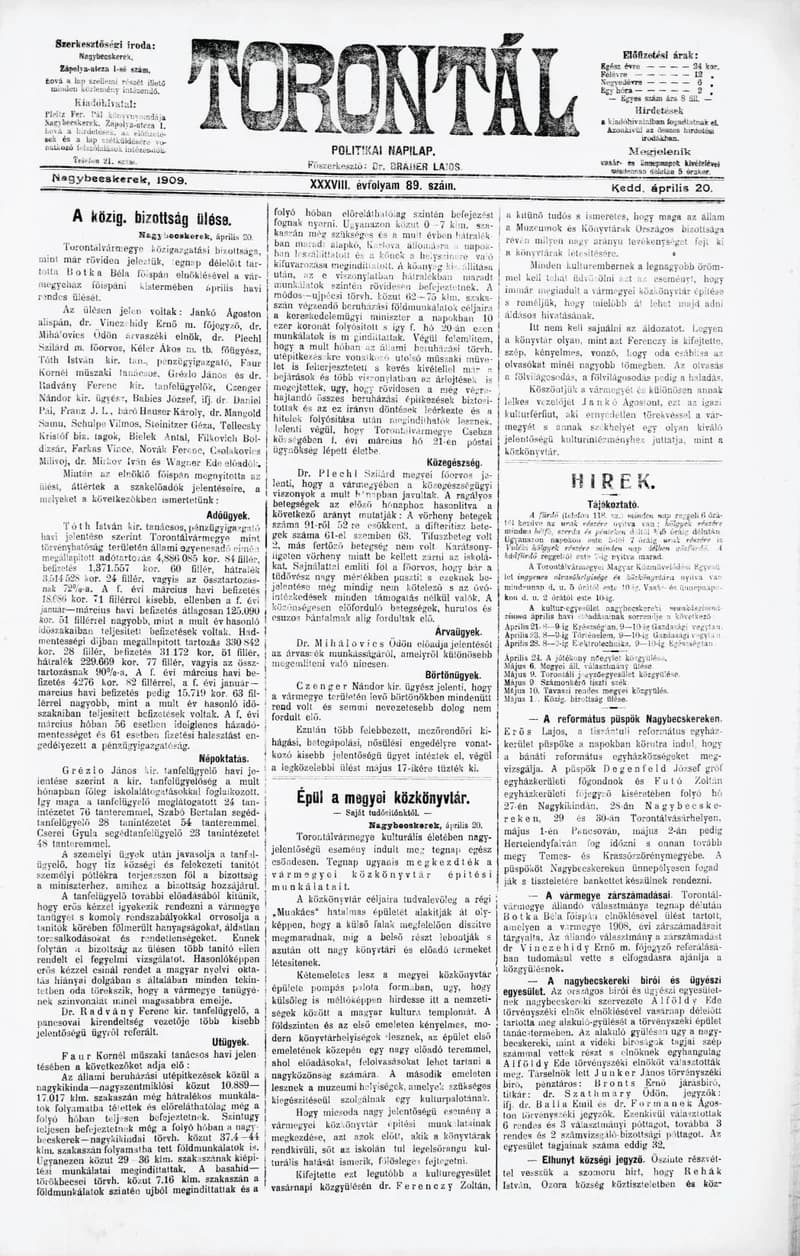 Torontál, 38. évf. 1909. április 20. 89. sz.