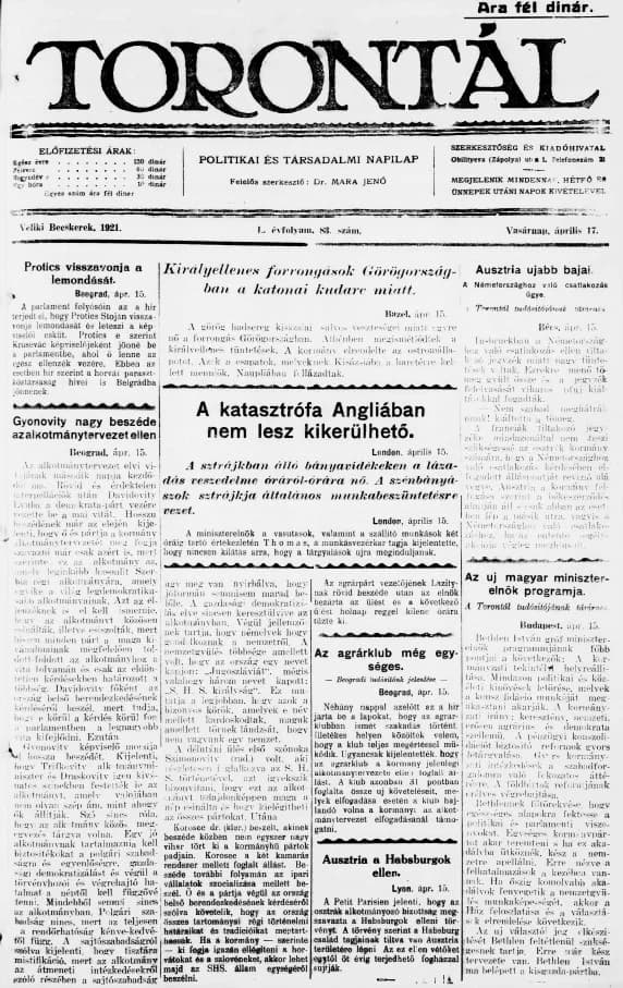 Torontál, 50. évf. 1921. április 17. 83. sz.