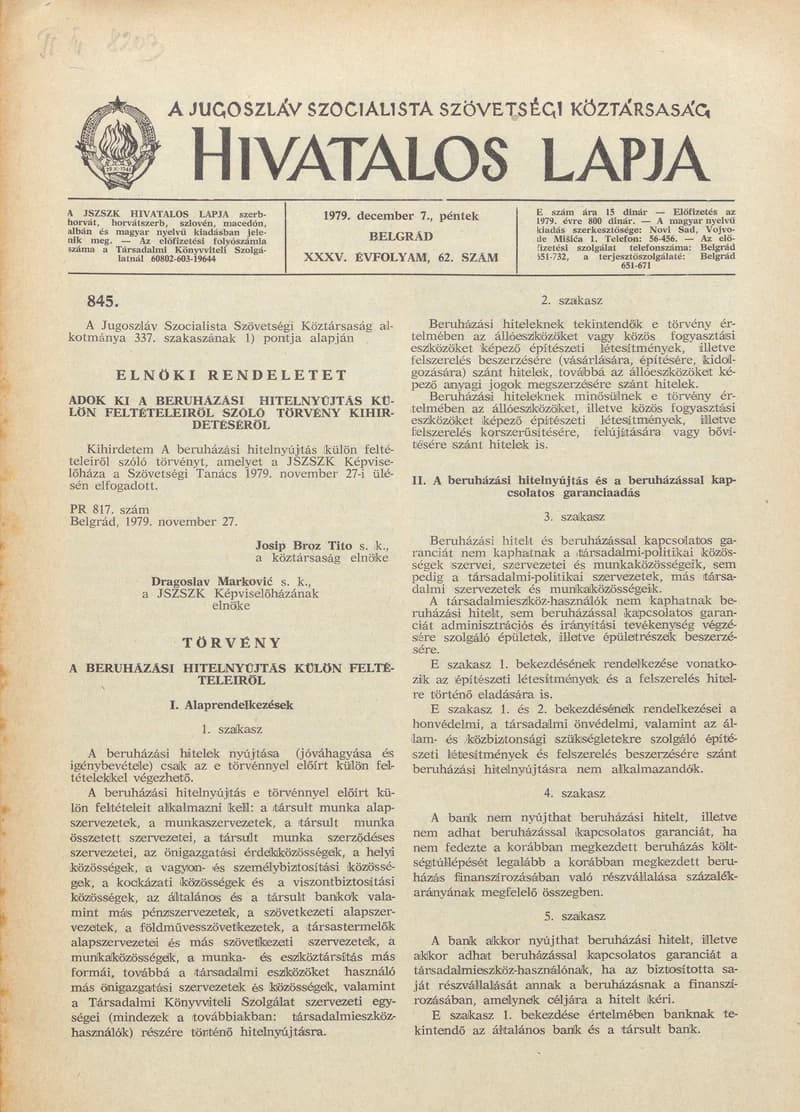 A Jugoszláv Szocialista Szövetségi Köztársaság Hivatalos Lapja, 35. évf. 1979. december 7. 62. sz. 1797–1836. oldal