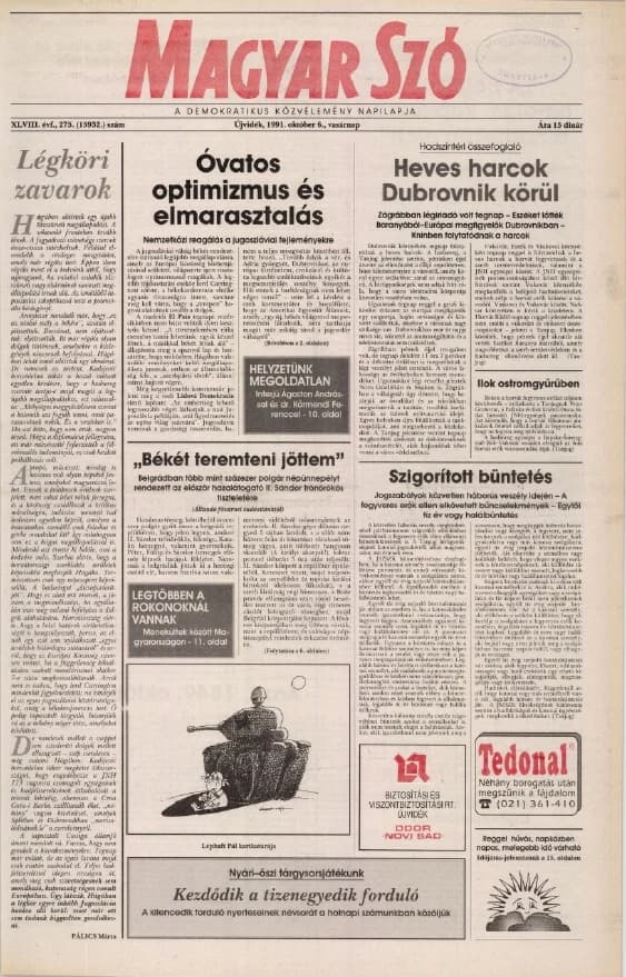 Magyar Szó, 48. évf. 1991. október 6. 275. sz. 1–28. oldal