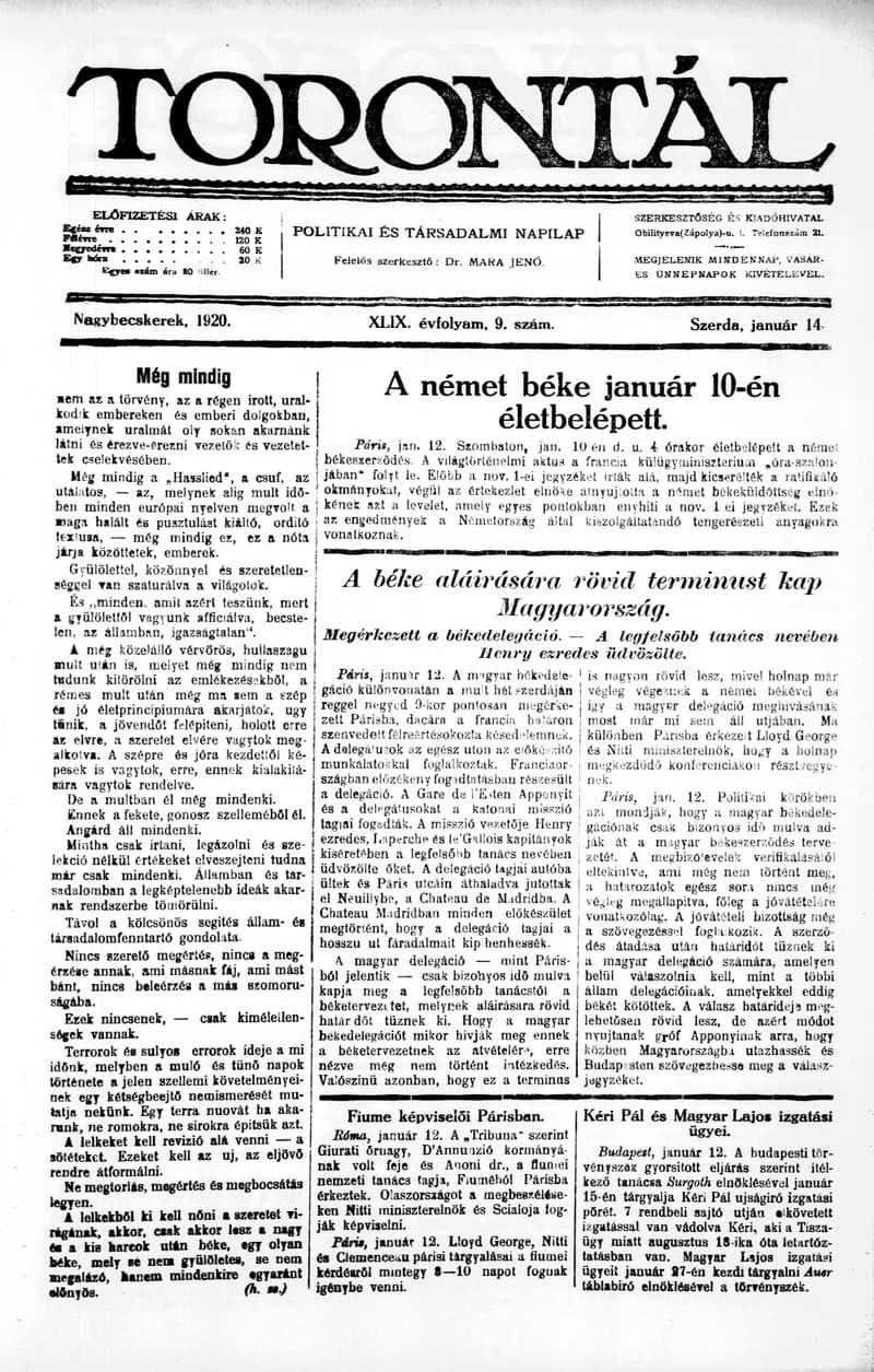 Torontál, 49. évf. 1920. január 14. 9. sz.