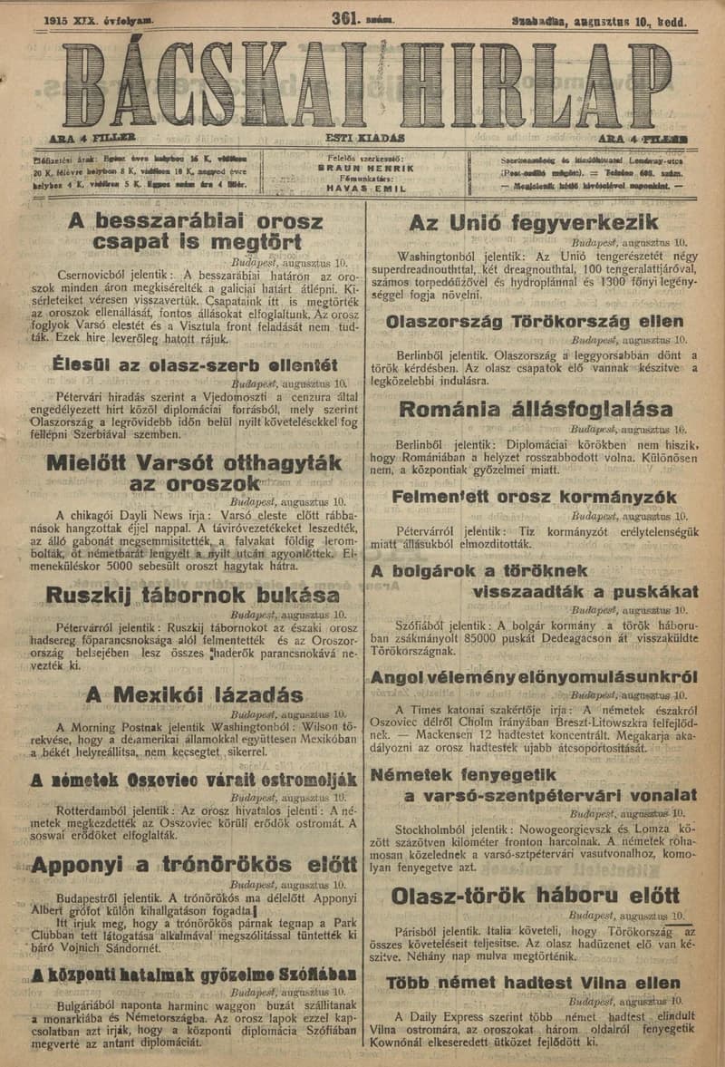 Bácskai Hirlap, 19. évf. 1915. augusztus 10. 361. sz.