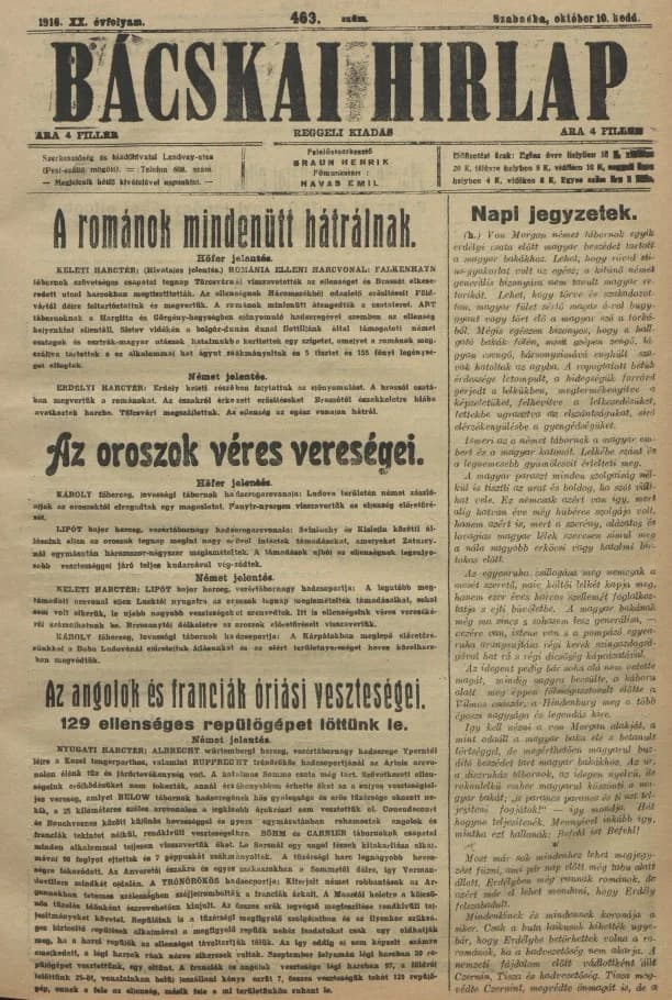 Bácskai Hirlap, 20. évf. 1916. október 10. 463. sz.
