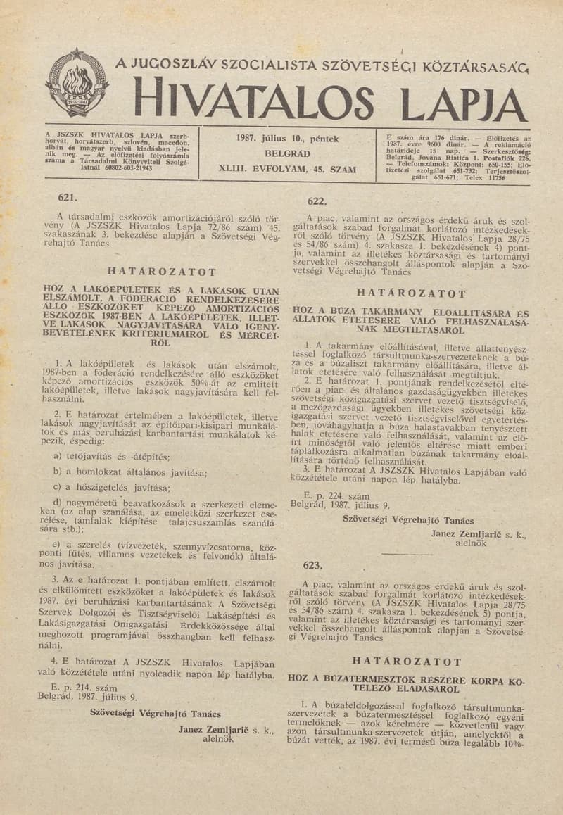 A Jugoszláv Szocialista Szövetségi Köztársaság Hivatalos Lapja, 43. évf. 1987. július 10. 45. sz. 1113–1128. oldal