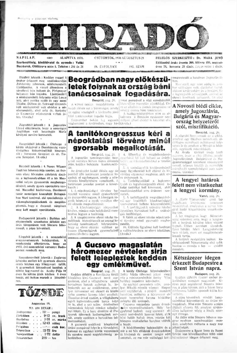 Híradó, 59. évf. 1930. augusztus 21. 192. sz.